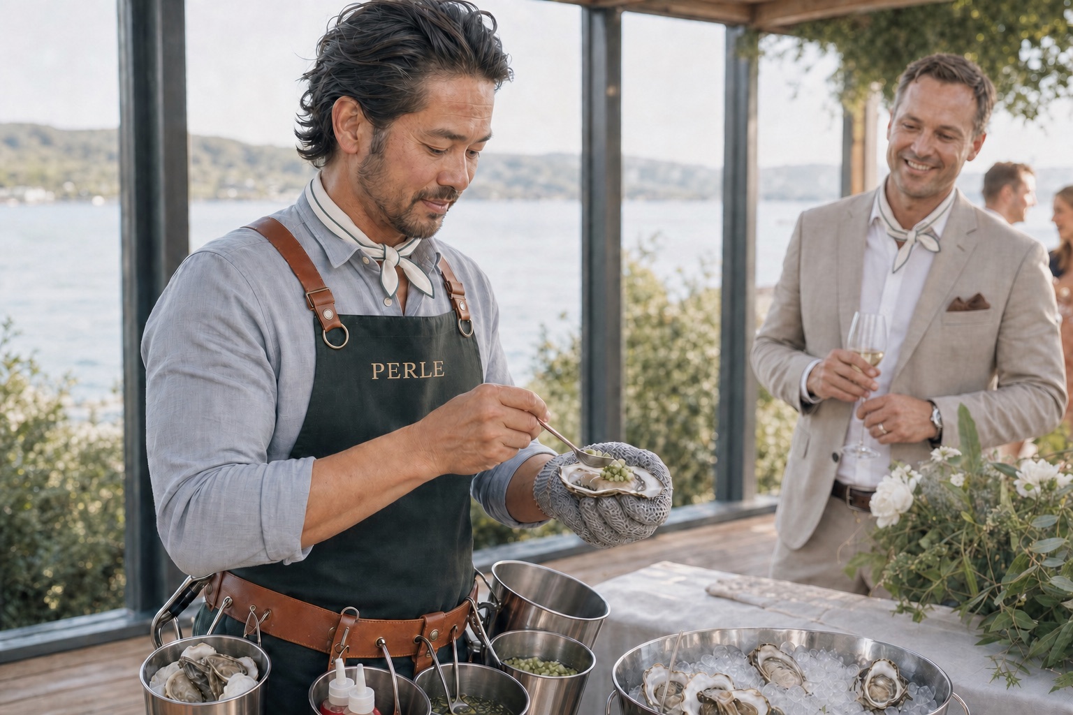 En mannlig PERLE-vert dresser en østers med nordisk grønn saus mens en gjest ser på