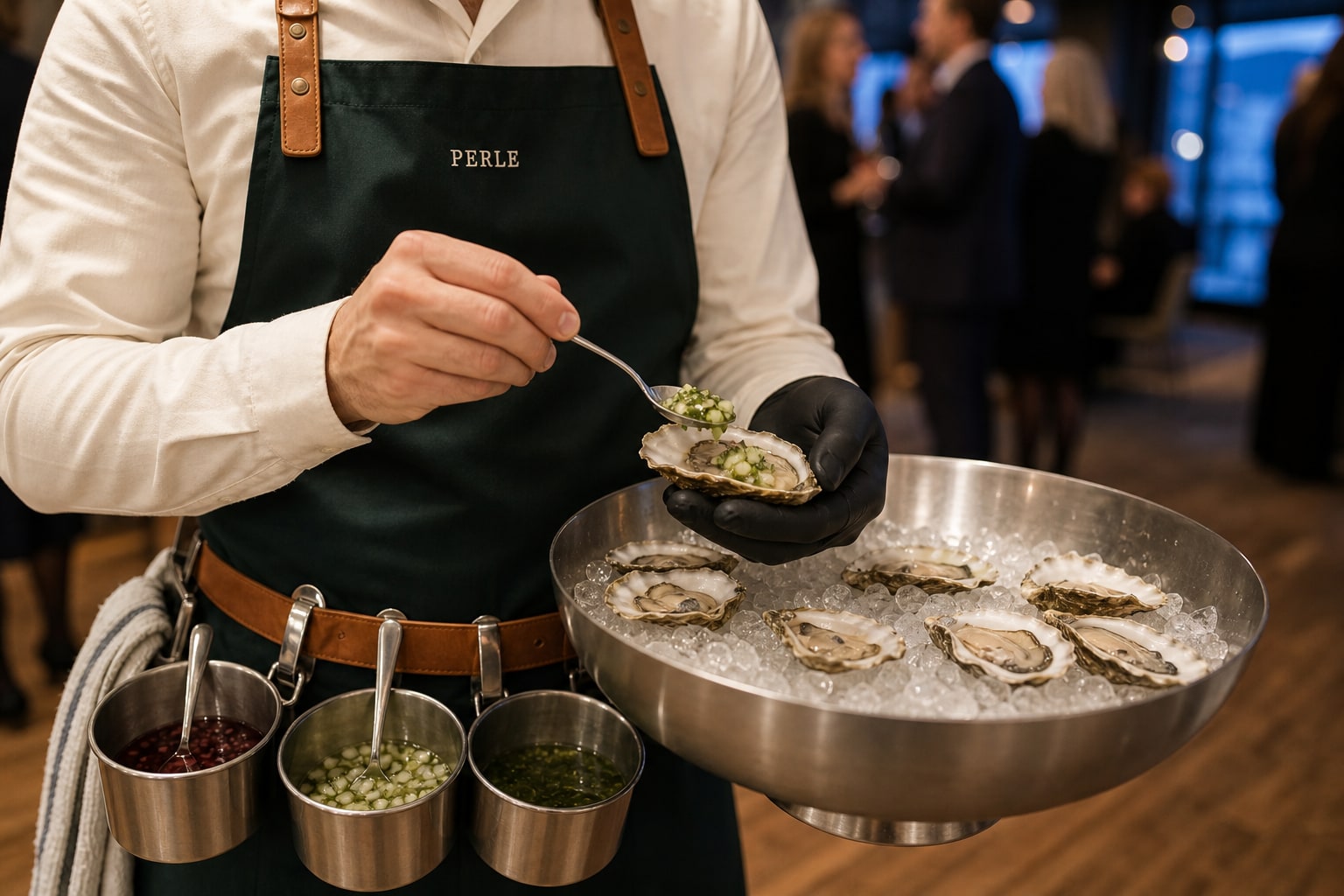 Nærbilde av en PERLE-vert som dresser en østers med nordisk grønn saus over et stålfat, med tre sausbøtter i beltet